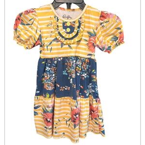 RUFFLES BY LULU & TUTU Yellow Floral Striped Dress Size 5 Years Puff Sle…